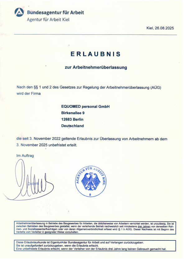Rechtlicher Nachweis der EQUOMED personal GmbH